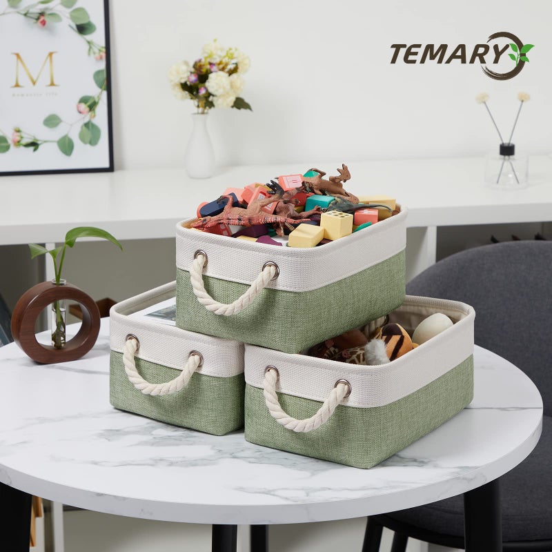 Temary Small Storage Baskets Small Fabric Bins for Closet  6 Pack Decorative Storage Boxes with Rope Handles for Organizing Clothes  Canvas Storage Basket(White&Green 11.8L x 7.9W x 5.3H inches) - Image 5